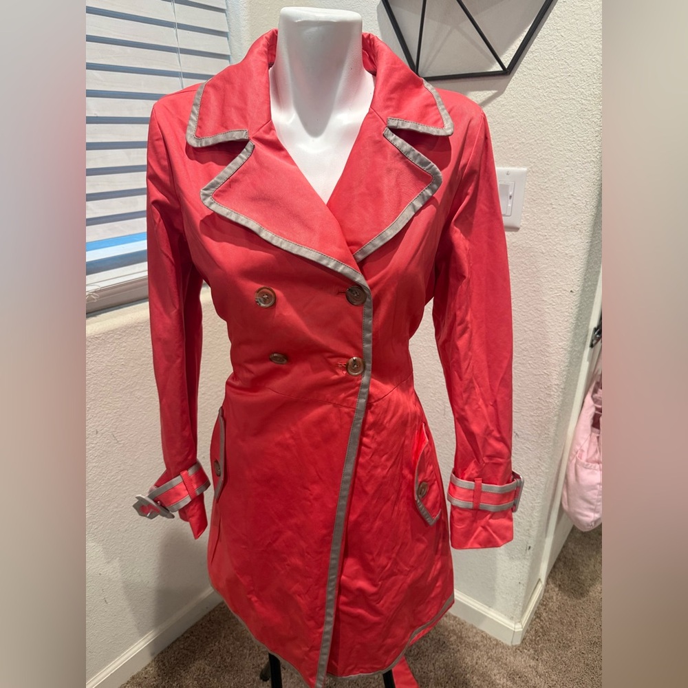 Banana Republic coral and tan belted trench coat.